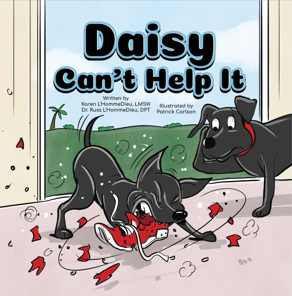 Cover of Daisy Can't Help It: Daisy tearing up a red shoe while her brother Tuck looks on.