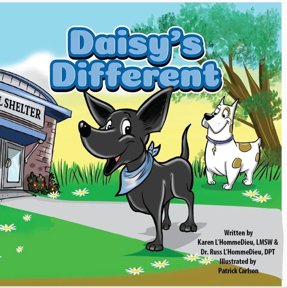 Cover of Daisy's Different: Daisy, a black three-legged dog in a blue bandana, outside an animal shelter beside a white dog.
